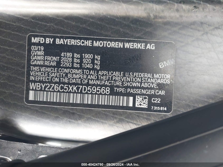 2019 BMW I8 VIN WBY2Z6C5XK7D59568 COPART salvage auction — Front End, Salvage (Virginia), sold $21,600 on 2025-02-24 (photo 9)