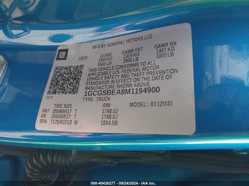 2021 Chevrolet Colorado VIN 1GCGSBEA8M1194900 IAAI salvage auction — FRONT END, Rebuildable (Florida), sold $2,225 on 2026-07-26 (photo 9)