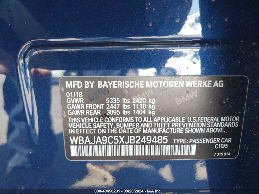2018 BMW 530E VIN WBAJA9C5XJB249485 COPART salvage auction — Front End, Salvage (California), sold $11,750 on 2024-12-18 (photo 9)
