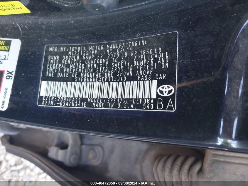 2014 Toyota Corolla VIN 5YFBURHEXEP113940 IAAI salvage auction — FRONT END, Salvage Title, sold $1,250 on 2026-07-29 (photo 9)