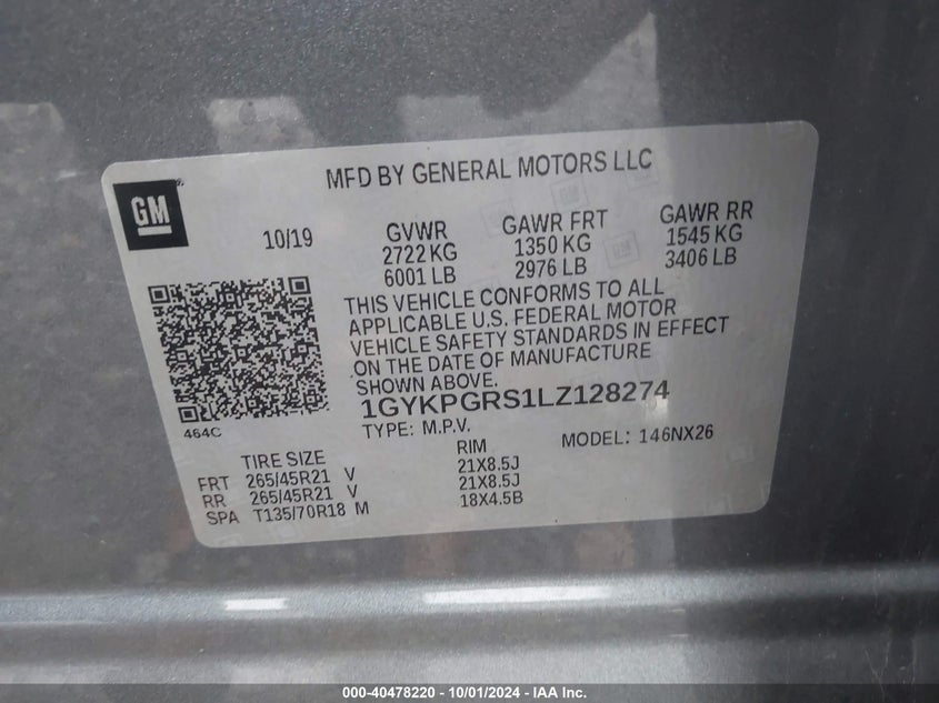 2020 Cadillac Xt6 VIN 1GYKPGRS1LZ128274 IAAI salvage auction — Front End, Wait Title, sold $9,900 on 2024-11-21 (photo 9)