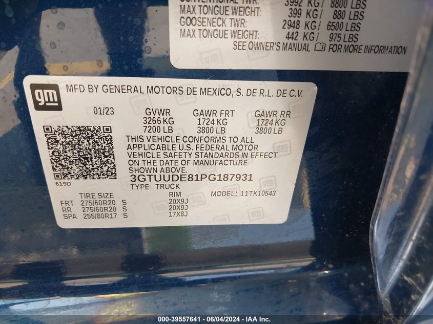 2023 Gmc SIERRA VIN 3GTUUDE81PG187931 COPART salvage auction — Rear, Other (Texas), sold $28,325 on 2024-08-15 (photo 9)