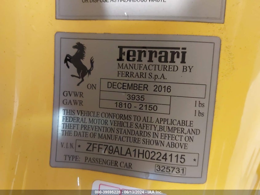 2017 Ferrari 488 gtb VIN ZFF79ALA1H0224115 COPART salvage auction — Front End, Salvage (New York), sold $106,500 on 2025-03-11 (photo 9)