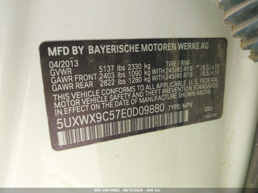 2014 BMW X3 VIN 5UXWX9C57E0D09880 IAAI salvage auction — LEFT FRONT, Salvage (Mississippi), sold $2,250 on 2026-07-25 (photo 9)