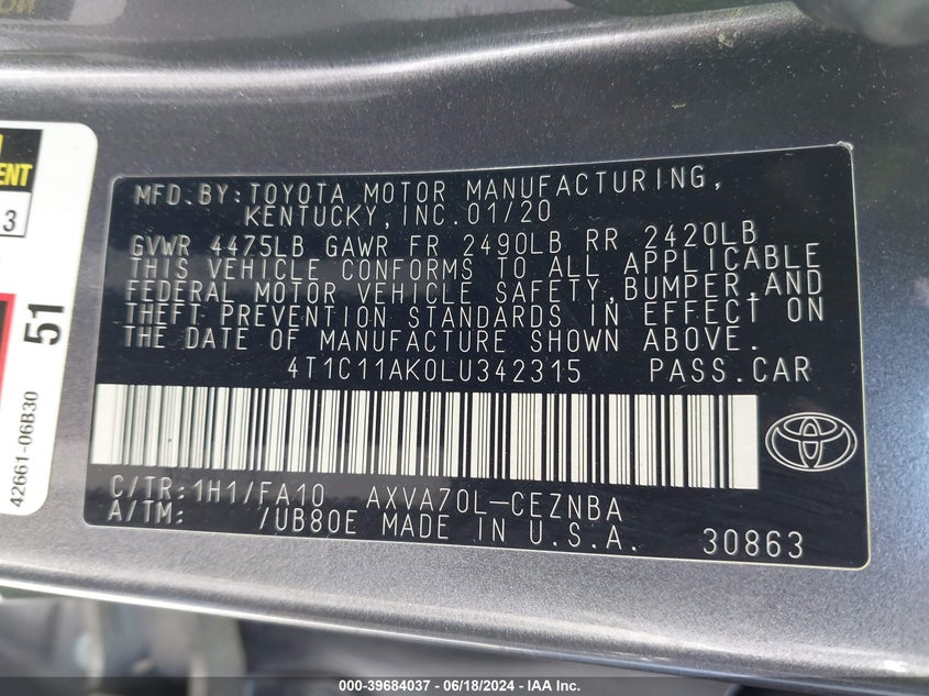 2020 TOYOTA CAMRY VIN 4T1C11AK0LU342315 COPART salvage auction — Hail, Original (Texas), sold $9,525 on 2024-09-12 (photo 9)