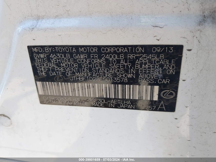 2014 Lexus Is VIN JTHBF1D28E5013578 COPART salvage auction — Right Front, Salvage (Arizona), sold $7,025 on 2024-07-30 (photo 9)