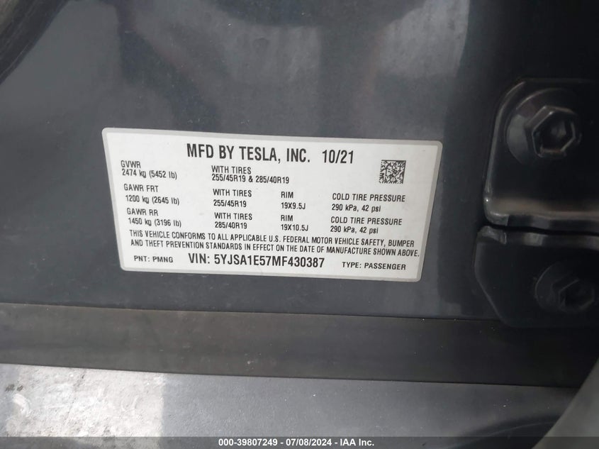 2021 Tesla Model s VIN 5YJSA1E57MF430387 IAAI salvage auction — FRONT END, Rebuildable (Florida), sold $11,500 on 2026-09-17 (photo 9)
