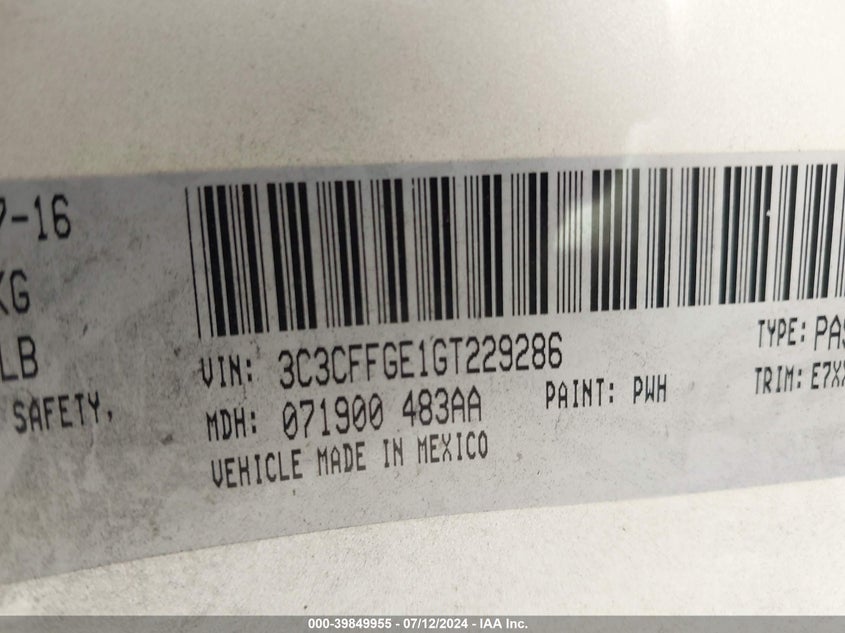 2016 Fiat 500 VIN 3C3CFFGE1GT229286 COPART salvage auction — Front & Rear, Bill of Sale (Washington), sold $1,500 on 2024-08-07 (photo 9)