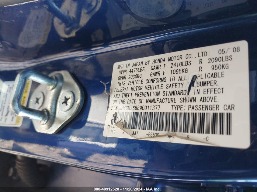 2009 Acura Tsx VIN JH4CU26689C011377 IAAI salvage auction — FRONT & REAR, Bill Of Sale (New York), sold $425 on 2026-07-14 (photo 9)