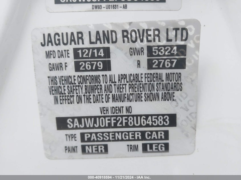 2015 Jaguar Xf VIN SAJWJ0FF2F8U64583 COPART salvage auction — Left Rear, Salvage (North Carolina), sold $3,200 on 2025-01-16 (photo 9)
