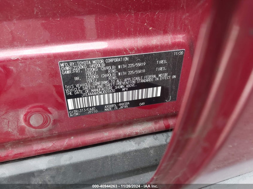 2021 Toyota Venza VIN JTEAAAAH2MJ021830 IAAI salvage auction — FRONT END, Salvage Title, sold $5,475 on 2026-07-14 (photo 9)