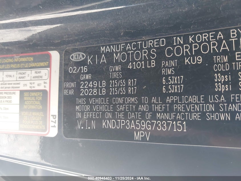 2016 Kia Soul VIN KNDJP3A59G7337151 IAAI salvage auction — FRONT END, Salvage Title, sold $250 on 2026-07-14 (photo 9)