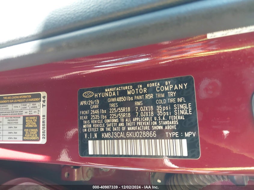 2019 Hyundai Tucson VIN KM8J3CAL6KU028866 IAAI salvage auction — FRONT & REAR, Salvage (Arizona), sold $1,500 on 2026-07-28 (photo 9)