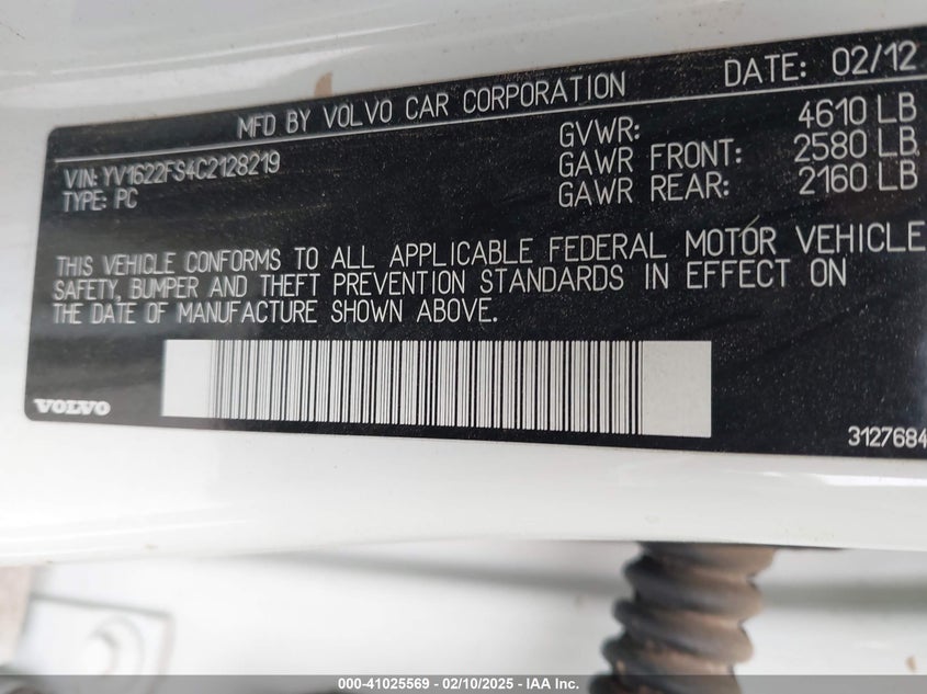 2012 Volvo S60 VIN YV1622FS4C2128219 IAAI salvage auction — HAIL, Salvage Title, sold $300 on 2026-07-09 (photo 9)