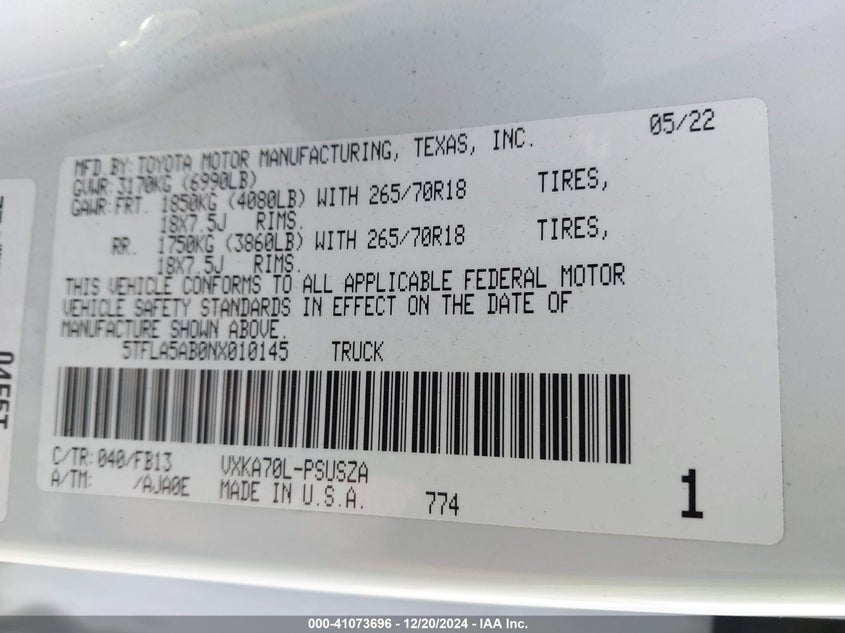 2022 Toyota Tundra VIN 5TFLA5AB0NX010145 IAAI salvage auction — ROLLOVER, Salvage (California), sold $6,400 on 2026-07-09 (photo 9)