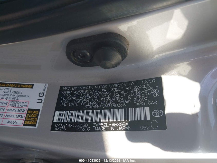 2021 Toyota Prius prime VIN JTDKAMFP3M3180368 IAAI salvage auction — FRONT & REAR, Salvage (California), sold $1,750 on 2026-07-20 (photo 9)