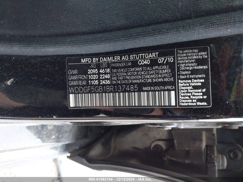 2011 Mercedes-benz C-klasse VIN WDDGF5GB1BR137485 IAAI salvage auction — FRONT END, Salvage (Texas), sold $275 on 2026-07-21 (photo 9)