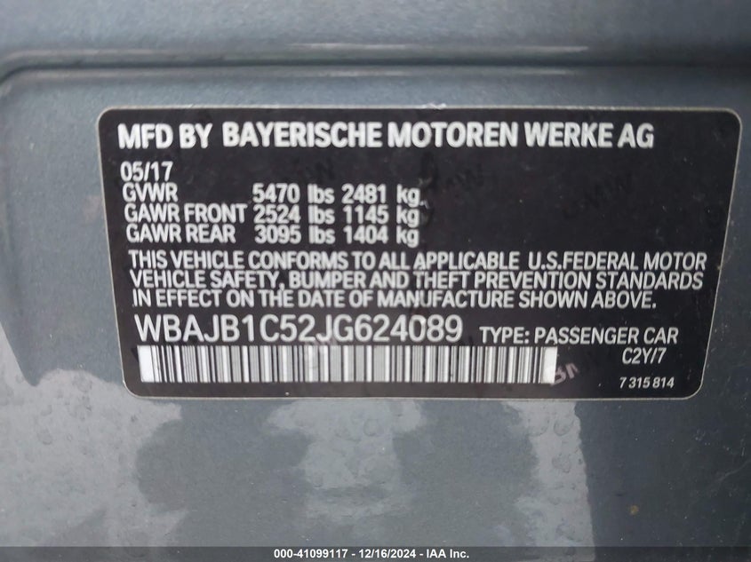 2018 BMW 530E VIN WBAJB1C52JG624089 COPART salvage auction — Front End, Salvage (Virginia), sold $7,900 on 2025-02-25 (photo 9)