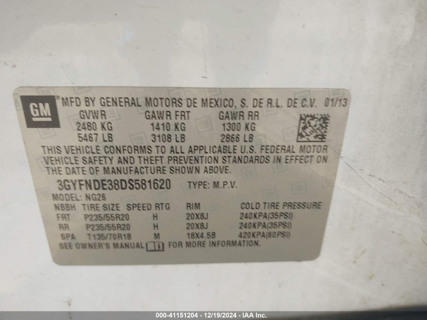 2013 Cadillac Srx VIN 3GYFNDE38DS581620 COPART salvage auction — Left Side, Salvage (Texas), sold $875 on 2025-01-30 (photo 9)
