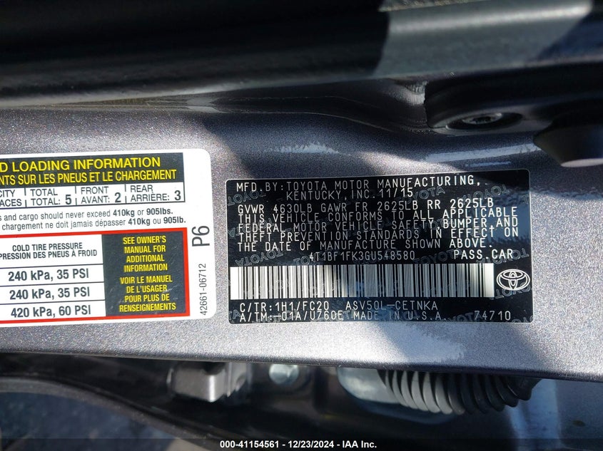 2016 Toyota Camry VIN 4T1BF1FK3GU548580 IAAI salvage auction — REAR END, Rebuildable (Florida), sold $4,100 on 2026-07-20 (photo 9)