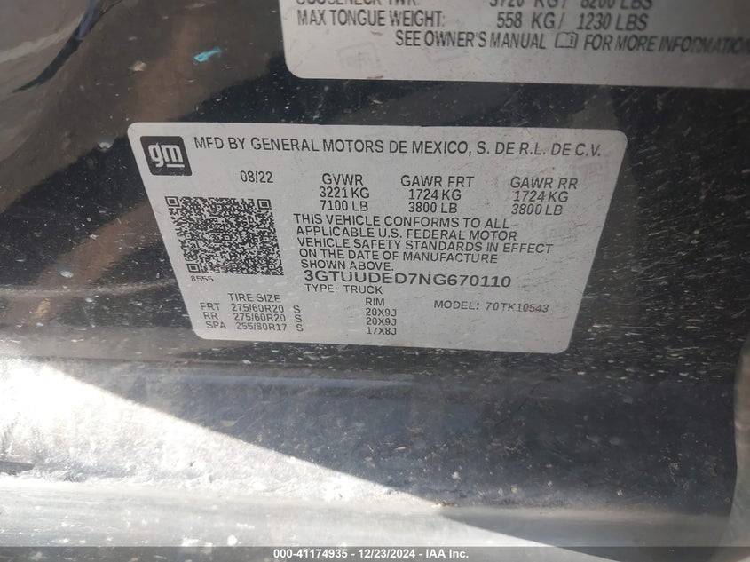 2022 Gmc Sierra 1500 VIN 3GTUUDED7NG670110 IAAI salvage auction — LEFT FRONT, Salvage (Arkansas), sold $15,400 on 2026-08-31 (photo 9)