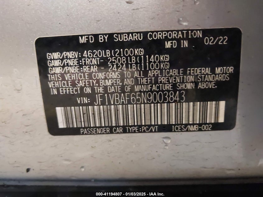2022 Subaru Wrx VIN JF1VBAF65N9003843 IAAI salvage auction — Burn Engine, Salvage (Oregon), sold $475 on 2026-07-16 (photo 9)