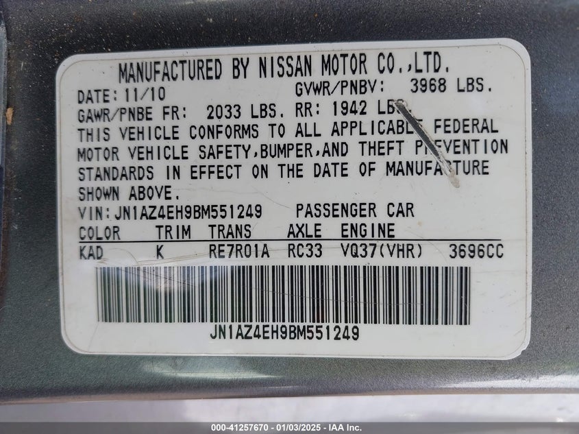 2011 NISSAN 370Z VIN JN1AZ4EH9BM551249 COPART salvage auction — Left Rear, Clear (Texas), sold $4,250 on 2025-02-19 (photo 9)