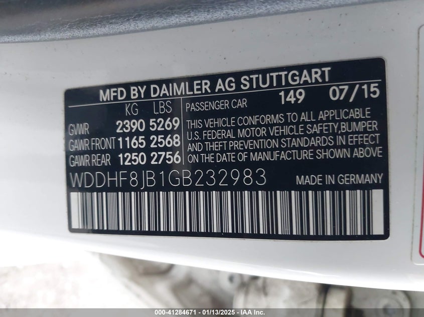 2016 Mercedes-benz E-klasse VIN WDDHF8JB1GB232983 COPART salvage auction — Right Side, Salvage (New Jersey), sold $6,700 on 2025-02-27 (photo 9)