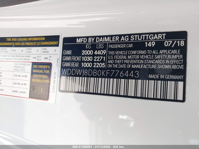 2019 MERCEDES-BENZ C 300 VIN WDDWJ8DB0KF776443 COPART salvage auction — Front End, Clear (Texas), sold $10,100 on 2025-02-28 (photo 9)