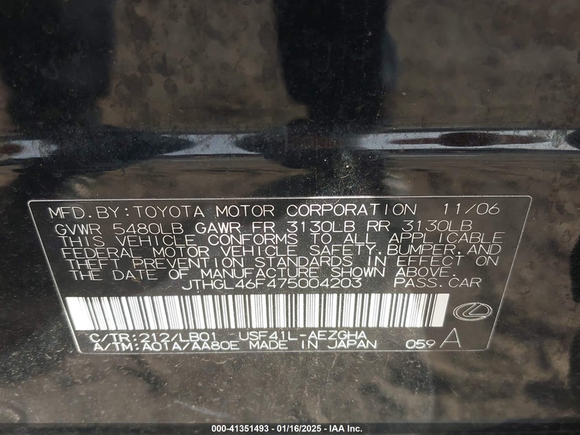 2007 Lexus Ls VIN JTHGL46F475004203 IAAI salvage auction — FRONT END, Permit To Sell (Louisiana), sold $825 on 2026-07-13 (photo 9)
