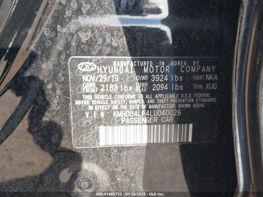 2020 Hyundai Elantra VIN KMHD84LF4LU040026 IAAI salvage auction — REAR END, Salvage Title, sold $2,900 on 2026-07-12 (photo 9)