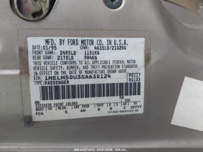 1995 Mercury Sable VIN 1MELM50U3SA630124 IAAI salvage auction — FRONT & REAR, Bill Of Sale (Tennessee), sold $225 on 2026-07-09 (photo 9)