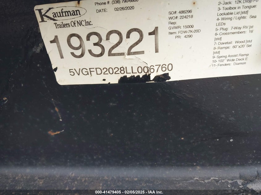 2020 Kaufman trailers Unknown VIN 5VGFD2028LL006760 IAAI salvage auction — SIDE, Salvage (North Carolina), sold $1,600 on 2026-07-20 (photo 9)