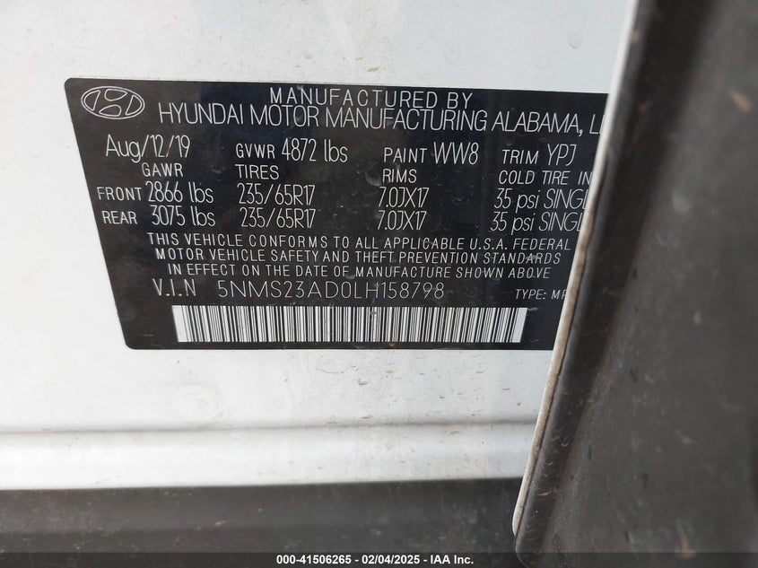 2020 Hyundai Santa fe VIN 5NMS23AD0LH158798 IAAI salvage auction — FRONT END, Salvage Title, sold $475 on 2026-08-03 (photo 9)