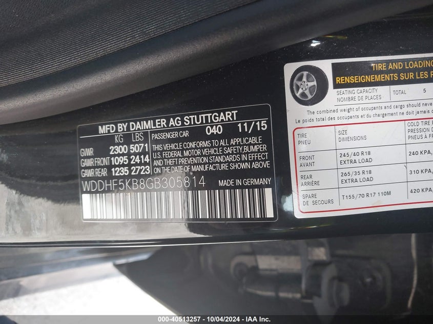 2016 Mercedes-benz E-class VIN WDDHF5KB8GB305814 IAAI salvage auction — REAR END, Other, sold $1,750 on 2026-07-09 (photo 9)