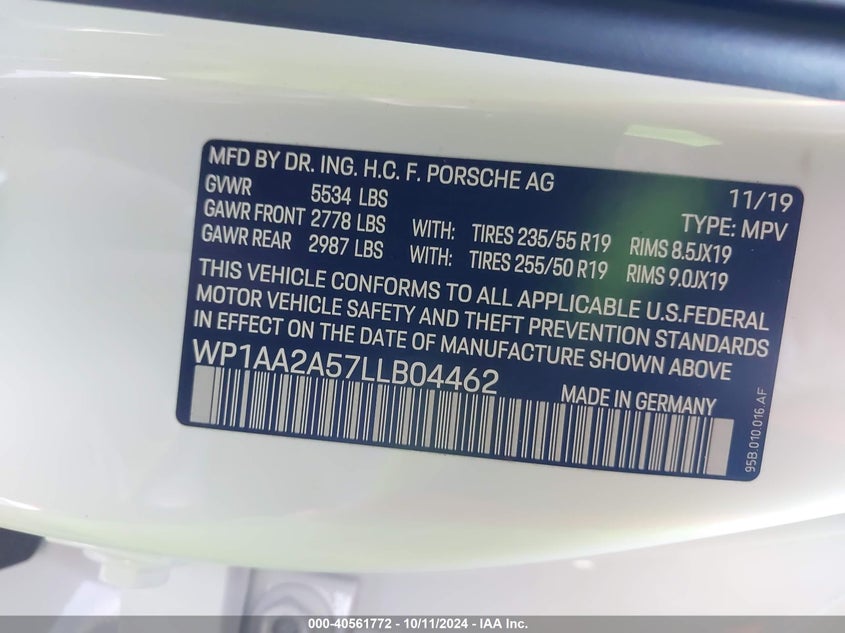 2020 Porsche Macan VIN WP1AA2A57LLB04462 IAAI salvage auction — FRONT END, Salvage (Massachusetts), sold $13,500 on 2026-10-11 (photo 9)