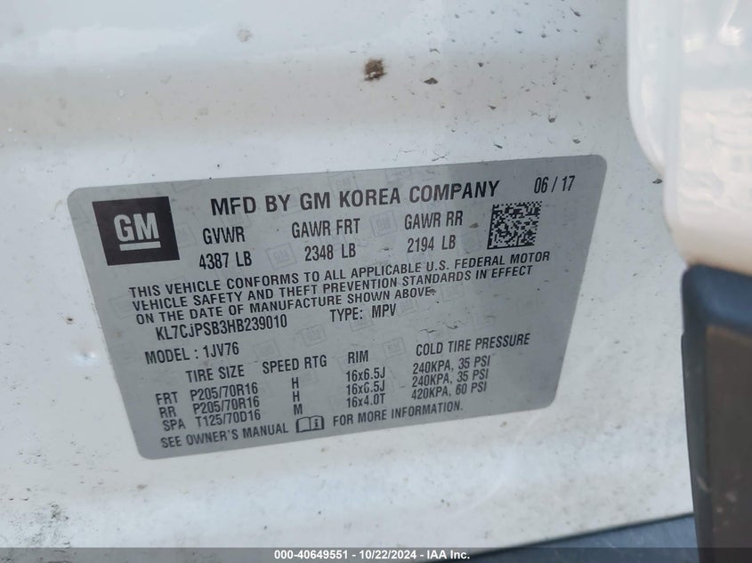 2017 Chevrolet Trax VIN KL7CJPSB3HB239010 IAAI salvage auction — RIGHT FRONT, Salvage (New Hampshire), sold $1,450 on 2026-07-15 (photo 9)