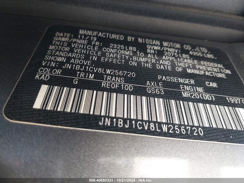 2020 Nissan Rogue sport VIN JN1BJ1CV8LW256720 IAAI salvage auction — FRONT END, Certificate Of Destruction (Florida), sold $1,450 on 2026-07-14 (photo 9)