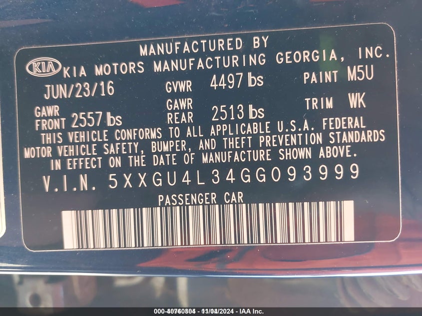 2016 Kia Optima VIN 5XXGU4L34GG093999 IAAI salvage auction — REAR END, Salvage (New Jersey), sold $50 on 2026-07-30 (photo 9)