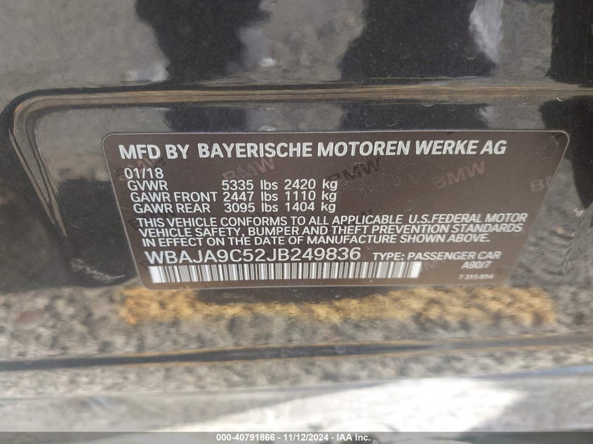 2018 BMW 530E VIN WBAJA9C52JB249836 COPART salvage auction — Left Side, Salvage (California), sold $7,200 on 2025-02-05 (photo 9)