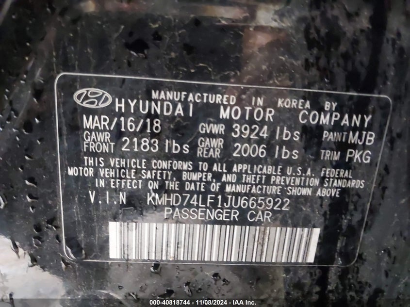 2018 Hyundai Elantra VIN KMHD74LF1JU665922 COPART salvage auction — Front End, Salvage (Kansas), sold $3,500 on 2024-12-13 (photo 9)