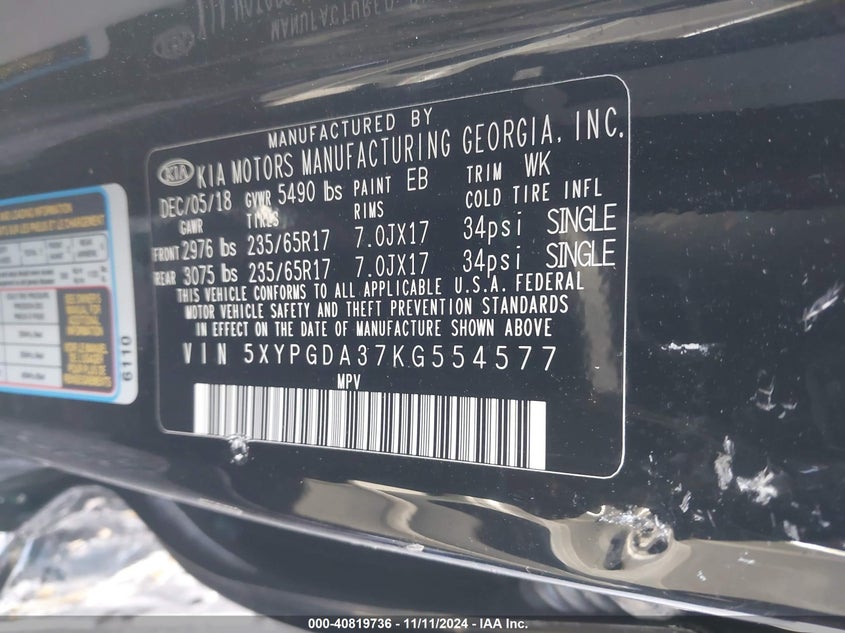 2019 Kia Sorento VIN 5XYPGDA37KG554577 IAAI salvage auction — LEFT SIDE, Salvage (Indiana), sold $25 on 2026-07-28 (photo 9)