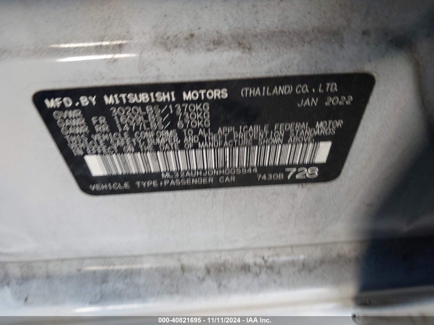 2022 Mitsubishi Mirage VIN ML32AUHJ0NH005544 IAAI salvage auction — RIGHT SIDE, Salvage Title, sold $2,250 on 2026-07-10 (photo 9)