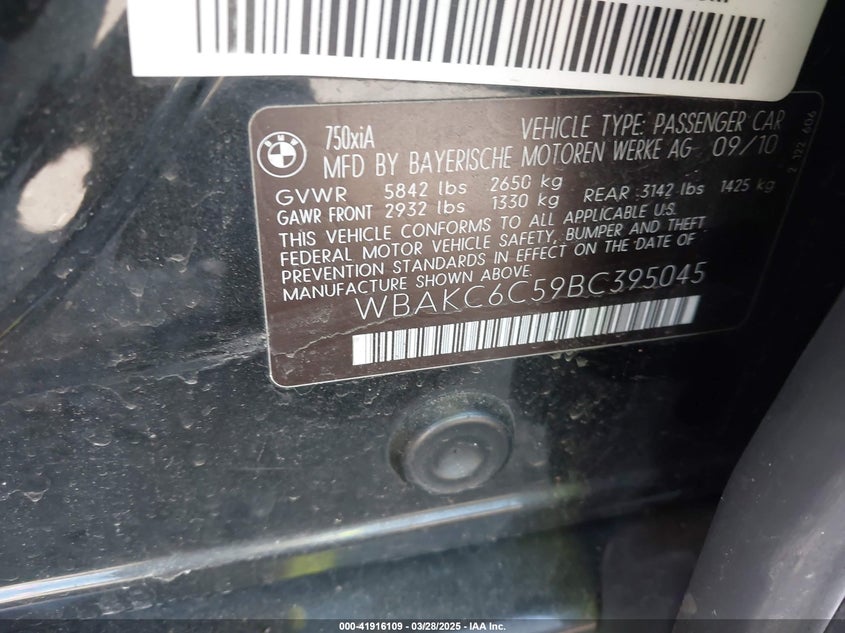 2011 BMW 7 series VIN WBAKC6C59BC395045 IAAI salvage auction — FRONT & REAR, Bill Of Sale (New York), sold $550 on 2026-08-04 (photo 9)