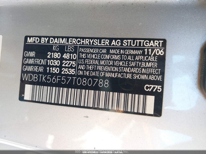 2007 Mercedes-benz Clk-klasse VIN WDBTK56F57T080788 IAAI salvage auction — FRONT END, Bill Of Sale (California), sold $275 on 2026-07-06 (photo 9)
