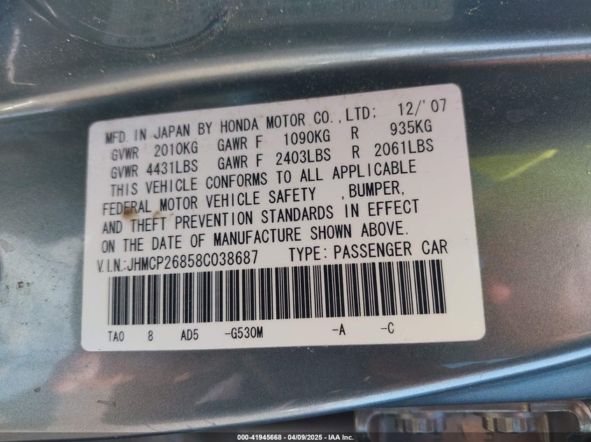 2008 Honda Accord VIN JHMCP26858C038687 IAAI salvage auction — FRONT END, Salvage (Mississippi), sold $250 on 2026-07-15 (photo 9)