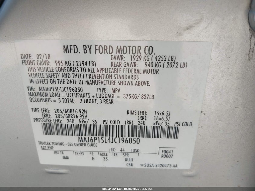 2018 Ford Ecosport VIN MAJ6P1SL4JC196050 IAAI salvage auction — REAR END, Salvage Title, sold $625 on 2026-07-22 (photo 9)