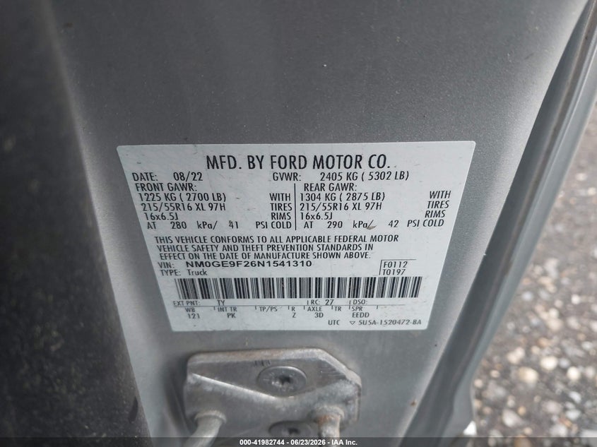 2022 Ford Transit VIN NM0GE9F26N1541310 IAAI salvage auction — FRONT & REAR, Clear (Pennsylvania), sold $25 on 2026-07-21 (photo 9)