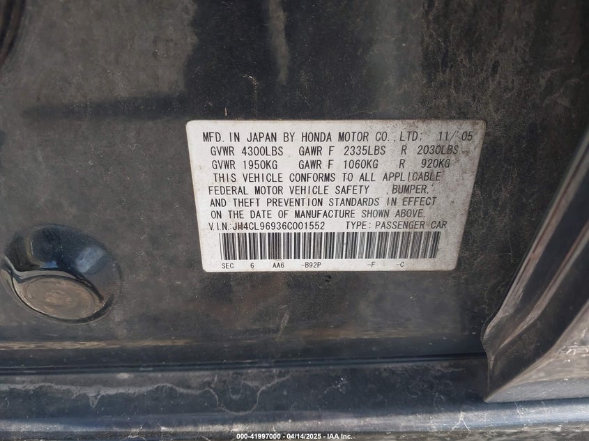 2006 Acura Tsx VIN JH4CL96936C001552 IAAI salvage auction — FRONT END, Clear (Indiana), sold $275 on 2026-07-21 (photo 9)