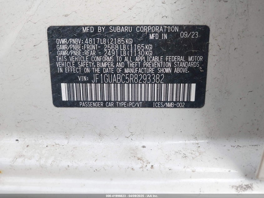 2024 Subaru Impreza VIN JF1GUABC5R8293382 IAAI salvage auction — FRONT END, Salvage Title, sold $675 on 2026-07-22 (photo 9)